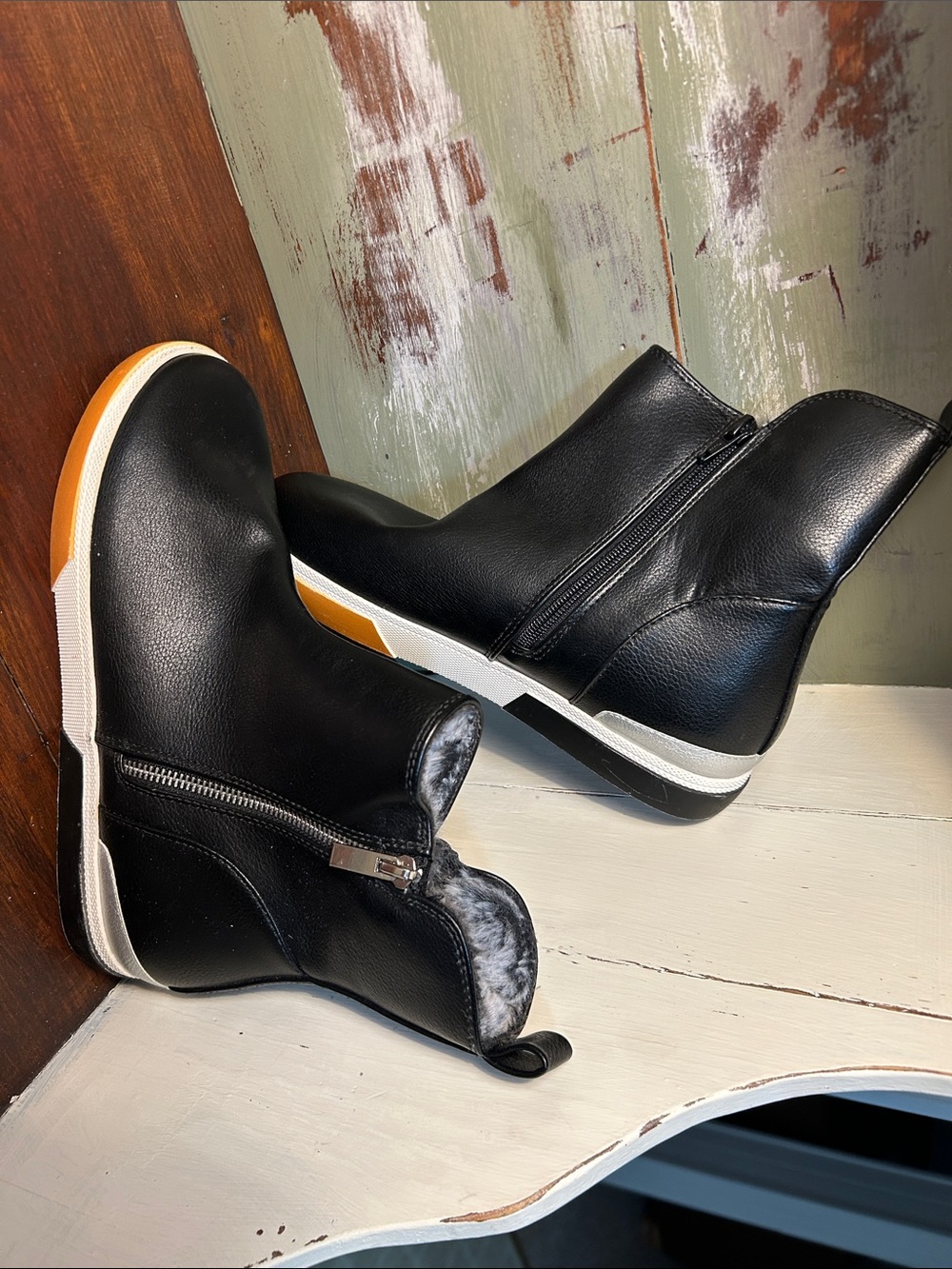 a new day Black Faux Leather Ankle Boots with White & Tan Sole